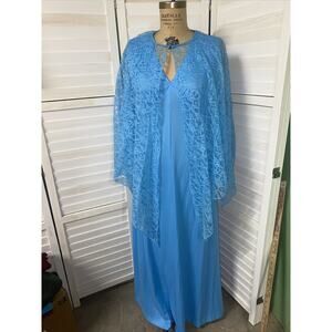 Vintage Handmade 2 Piece 70s Women’s Blue Party Hostess Maxi Dress Knit Lace Med